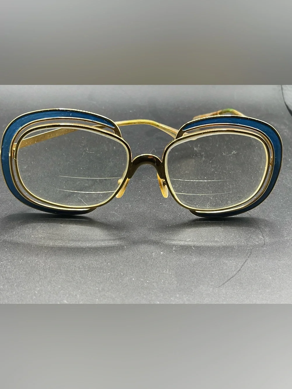 Vintage Rare Selecta Diana Gold Metal Eyeglasses Blue Enamel Rims Bifocal